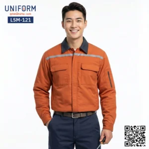 LSM-121 เสื้อช็อปช่างแขนยาว สีส้มปกเทาทูโทน