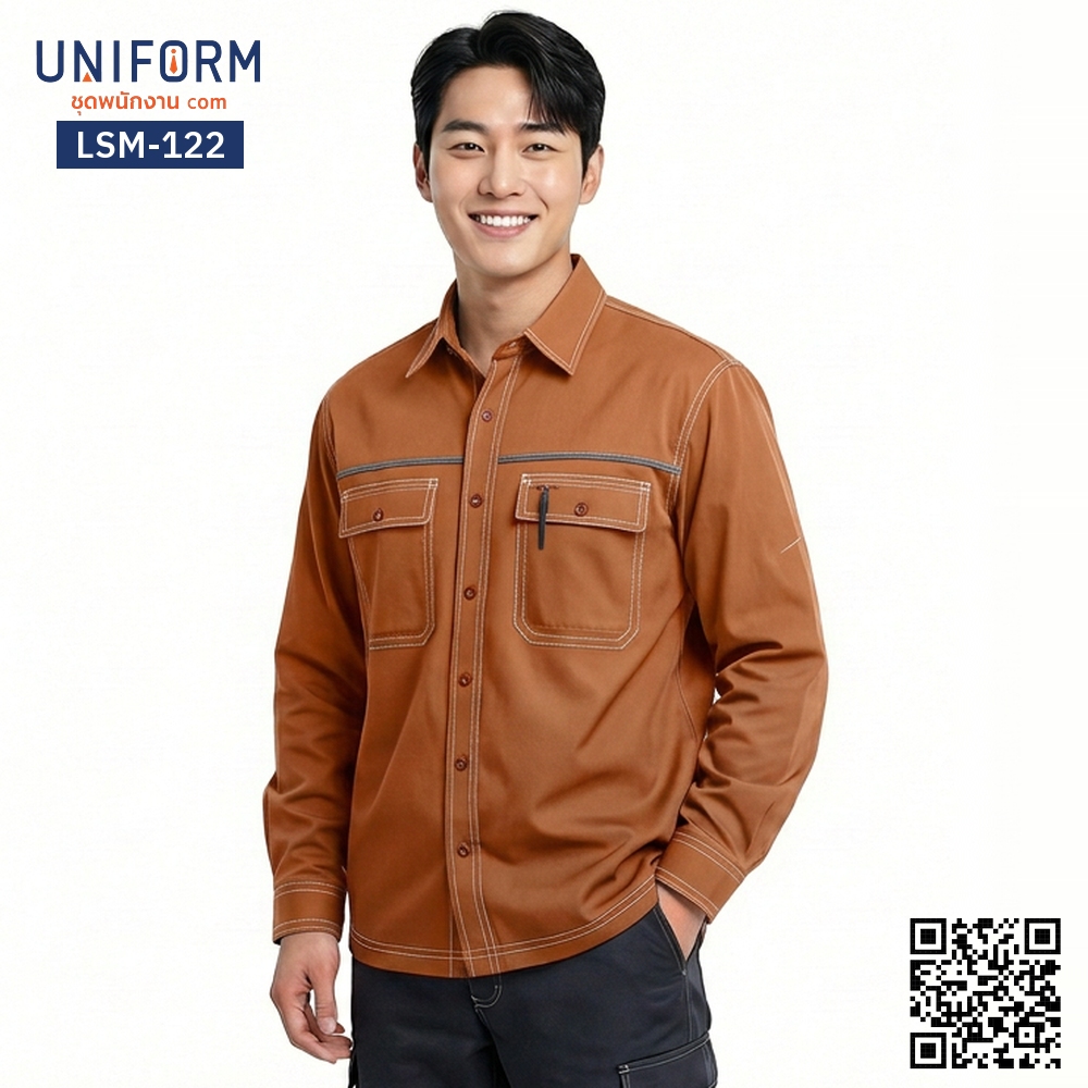 LSM-122 Long-Sleeve Technician Shirt, Brown with White Contrast Stitching, Corporate Uniform