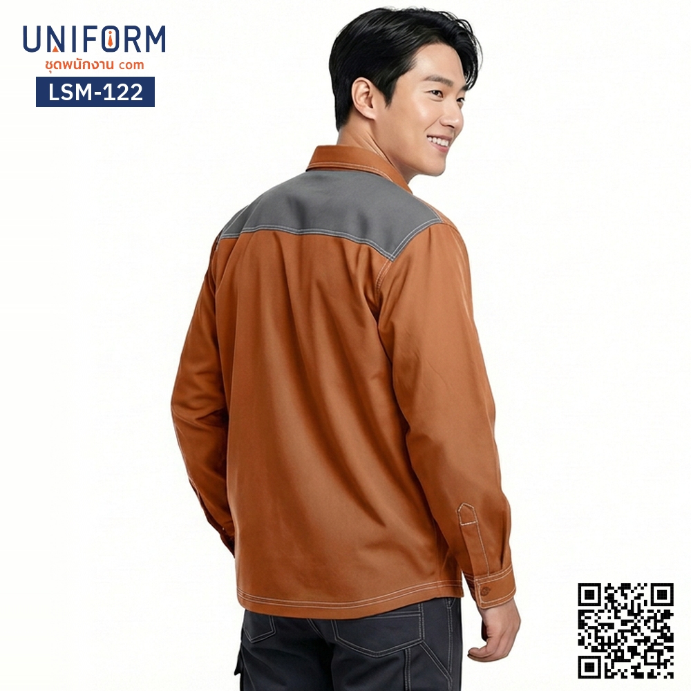 LSM-122 Long-Sleeve Technician Shirt, Brown with White Contrast Stitching, Corporate Uniform