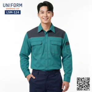 LSM-124 เสื้อช็อปช่างแขนยาว ทูโทน สีเขียวเข้มสลับเทา