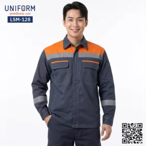 LSM-128 เสื้อช็อปช่างแขนยาว สีเทาทูโทนส้มปลอดภัย