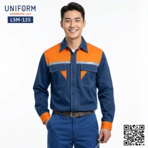 LSM-135 เสื้อช็อปช่างแขนยาว สีน้ำเงินส้ม ทูโทนมืออาชีพ