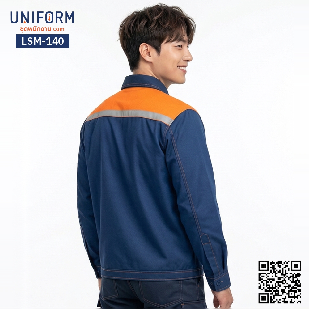 LSM-140 เสื้อช็อปช่างแขนยาว ทูโทน สีน้ำเงินส้ม
