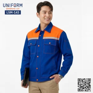 LSM-143 เสื้อช็อปช่างแขนยาว ทูโทน สีน้ำเงินส้ม พร้อมปักโลโก้