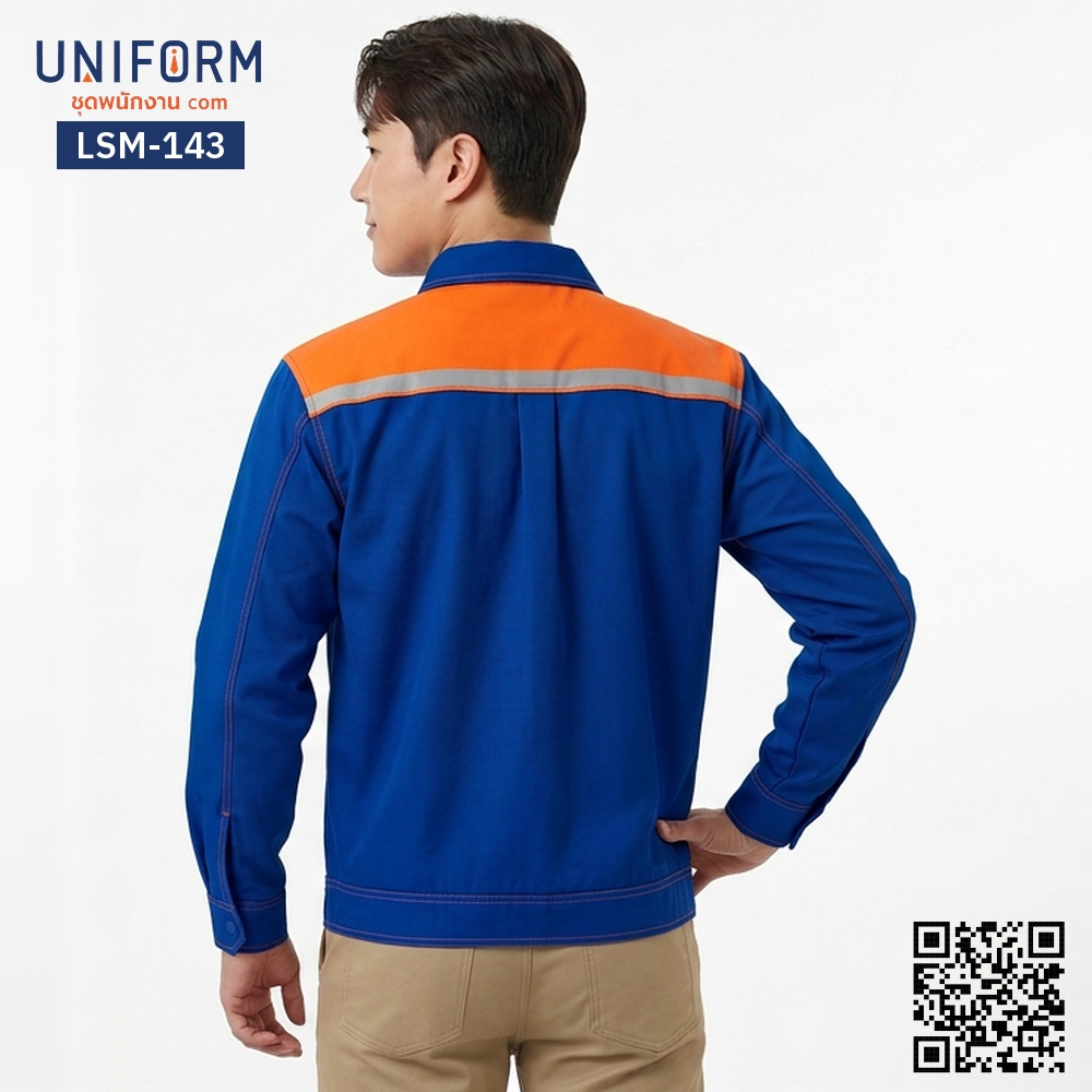 LSM-143 เสื้อช็อปช่างแขนยาว ทูโทน สีน้ำเงินส้ม พร้อมปั⁠ก⁠โ⁠ล⁠โ⁠ก้