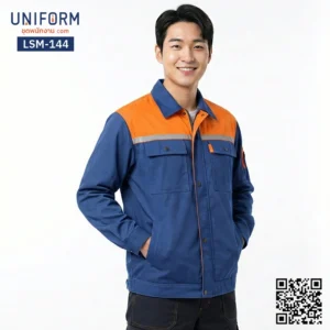 LSM-144 เสื้อช็อปช่างแขนยาว ทูโทน สีน้ำเงินส้ม พร้อมแถบสะท้อนแสง