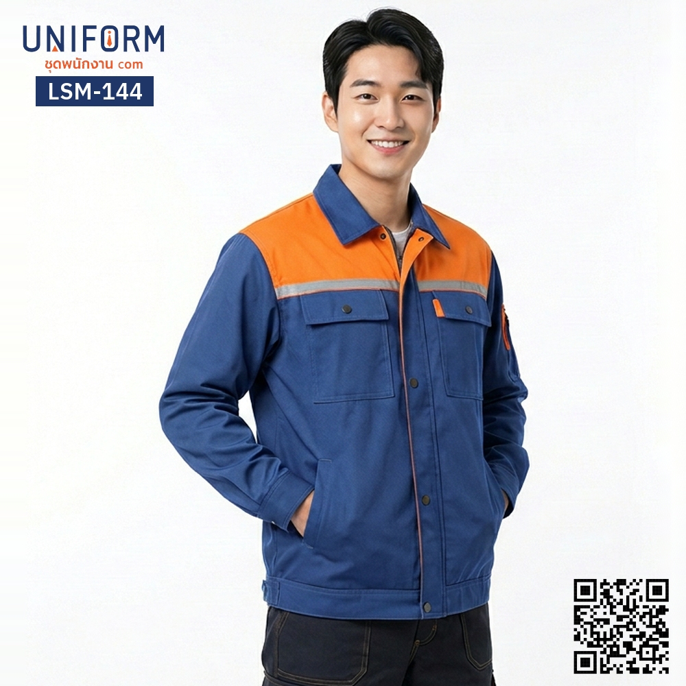 LSM-144 Two-Tone Long-Sleeve Technician Work Shirt in Navy and Orange with Reflective Strips