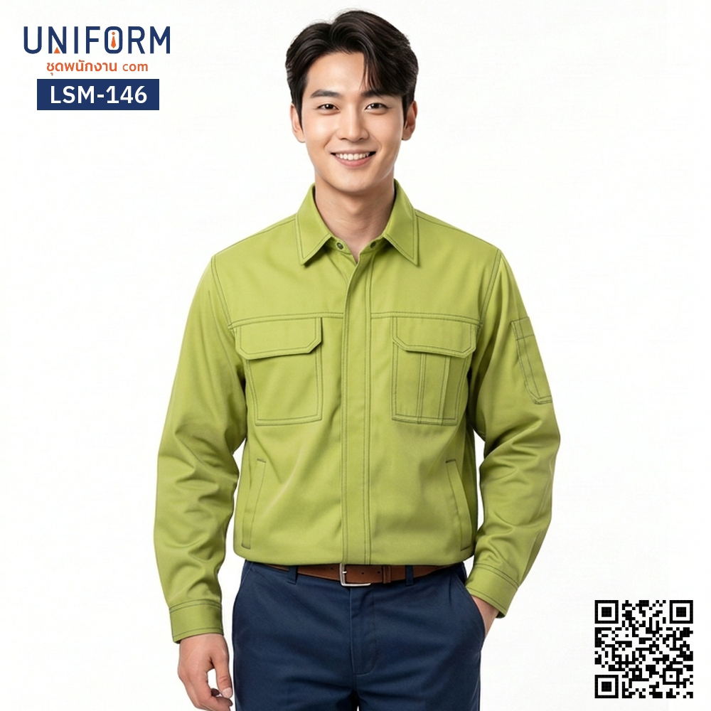 LSM-146 Light Green Long-Sleeve Technician Shirt with Dual Pocket Design