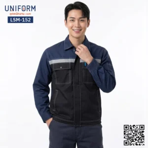 LSM-152 เสื้อช็อปช่างแขนยาว ทูโทน กรมท่า-ดำ แถบสะท้อนแสง