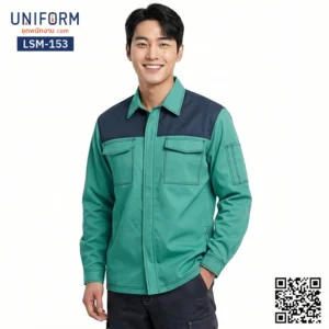 LSM-153 เสื้อช็อปช่างแขนยาว ทูโทนสีเขียวสลับกรมท่า สไตล์มืออาชีพ
