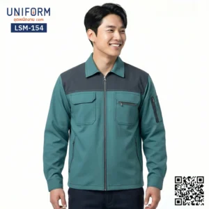 LSM-154 เสื้อช็อปช่างแขนยาว ทูโทน สีเขียวเทา ดูแลรักษาง่าย