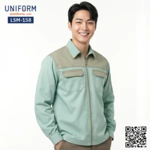 LSM-158 เสื้อช็อปช่างแขนยาว ทูโทนสีเขียวพาสเทลและกากี
