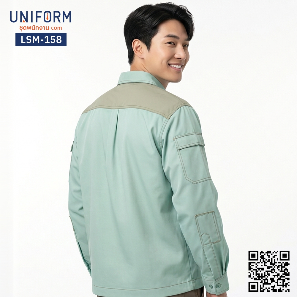 LSM-158 เสื้อช็อปช่างแขนยาว ทูโทนสีเขียวพาสเทลและกากี
