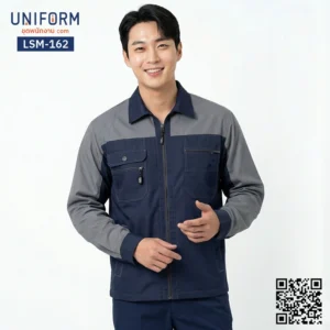 LSM-162 เสื้อช็อปช่างแขนยาว ทูโทน สีน้ำเงินเทา สไตล์มืออาชีพ