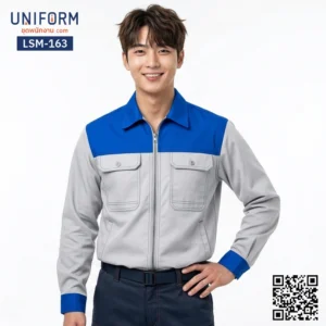 LSM-163 เสื้อช็อปช่างแขนยาว ทูโทน เทาตัดน้ำเงิน