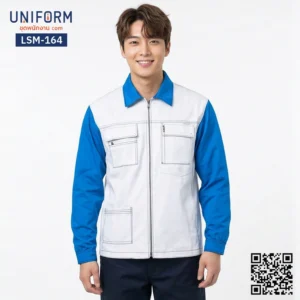 LSM-164 เสื้อช็อปช่างแขนยาว ทูโทน สีขาวและสีน้ำเงิน