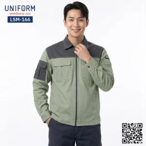 LSM-166 เสื้อช็อปช่างแขนยาว ทูโทน สีเขียวเทา