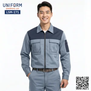LSM-171 เสื้อช็อปช่างแขนยาว ทูโทน สีฟ้ากรมท่า ยูนิฟอร์มบริษัทมืออาชีพ