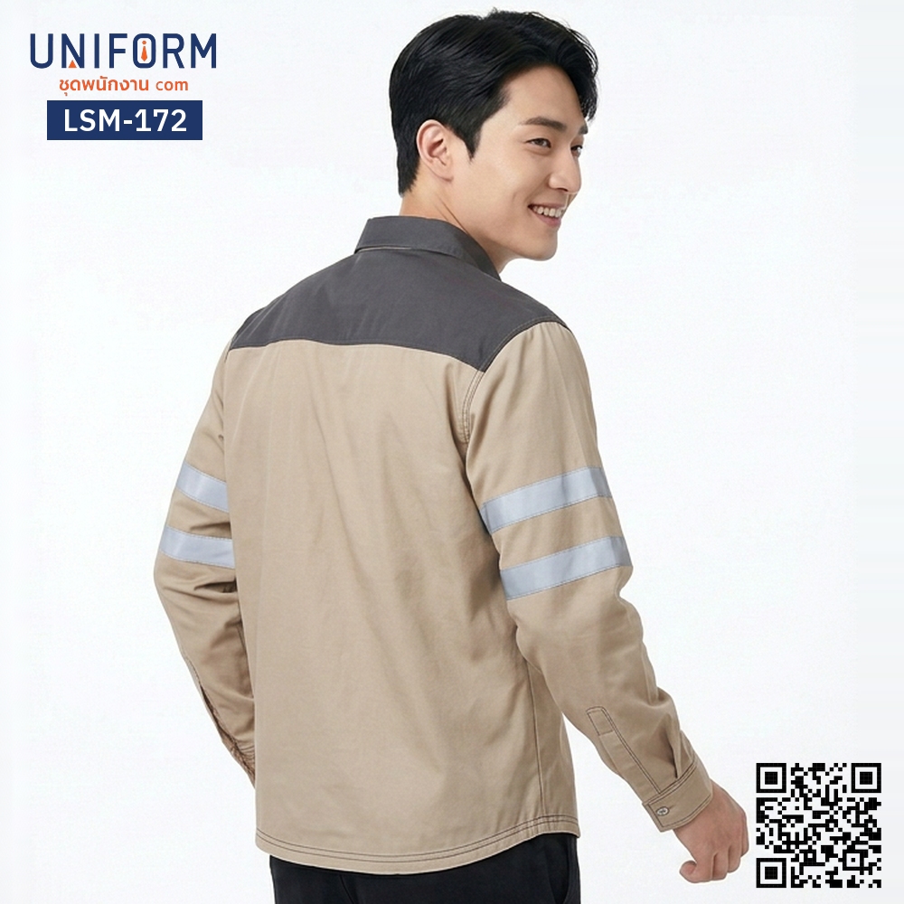LSM-172 เสื้อช็อปช่างแขนยาว ทูโทน กากีเทา มีแถบสะท้อนแสง