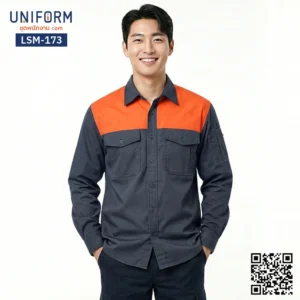 LSM-173 เสื้อช็อปช่างแขนยาว ทูโทน สีเทาส้ม สไตล์ยูนิฟอร์มบริษัท