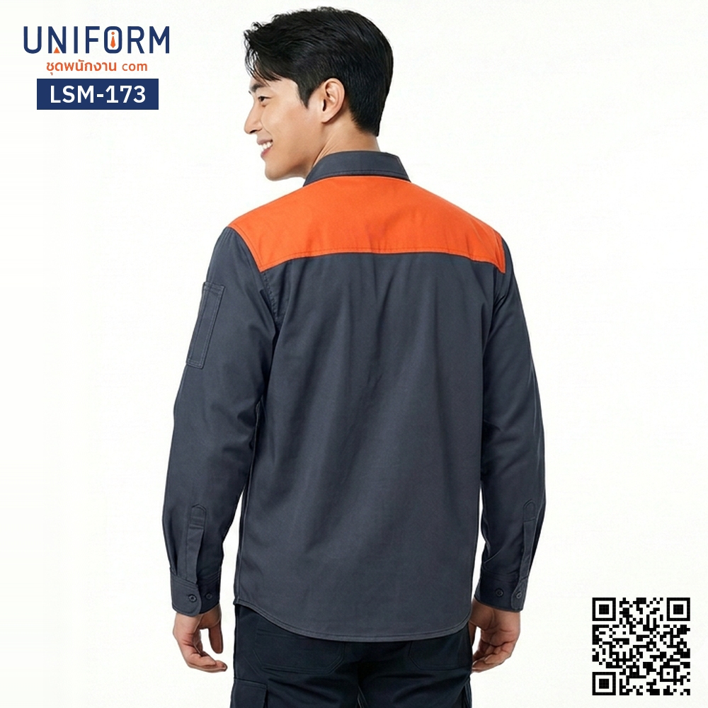 LSM-173 Long-Sleeve Two-Tone Grey-Orange Mechanic Shirt in Corporate Uniform Style