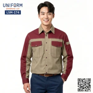 LSM-174 เสื้อช็อปช่างแขนยาว ทูโทนสีกากีตัดสีแดงเลือดหมู