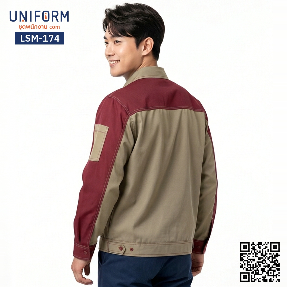 LSM-174 เสื้อช็อปช่างแขนยาว ทูโทนสีกากีตัดสีแดงเลือดหมู