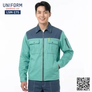 LSM-175 เสื้อช็อปช่างแขนยาว ทูโทน สีเขียวเทา ทนทาน