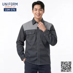 LSM-176 เสื้อช็อปช่างแขนยาว ทูโทนสีเทาเข้มตัดเทาอ่อน