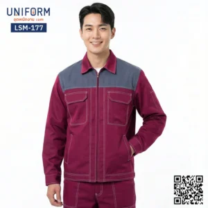 LSM-177 เสื้อช็อปช่างแขนยาว สีแดงเข้มสลับเทา ดีไซน์พรีเมียม