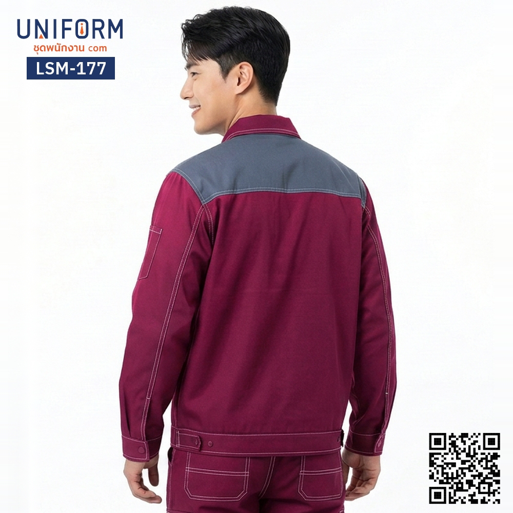 LSM-177 Long-Sleeve Technician Work Shirt, Dark Red and Grey, Premium Design