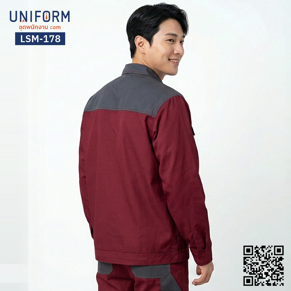 LSM-178 เสื้อช็อปช่างแขนยาว ทูโทน สีแดงเข้มสลับเทา