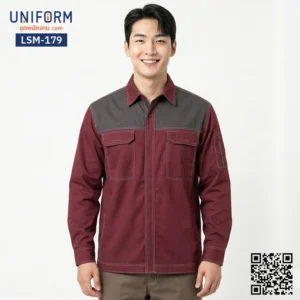 LSM-179 เสื้อช็อปช่างแขนยาว สีแดงเลือดหมูตัดเทา ทูโทน