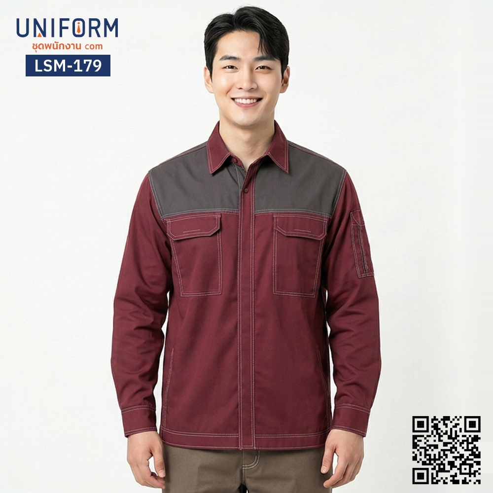 LSM-179 เสื้อช็อปช่างแขนยาว สีแดงเลือดหมูตัดเทา ทูโทน