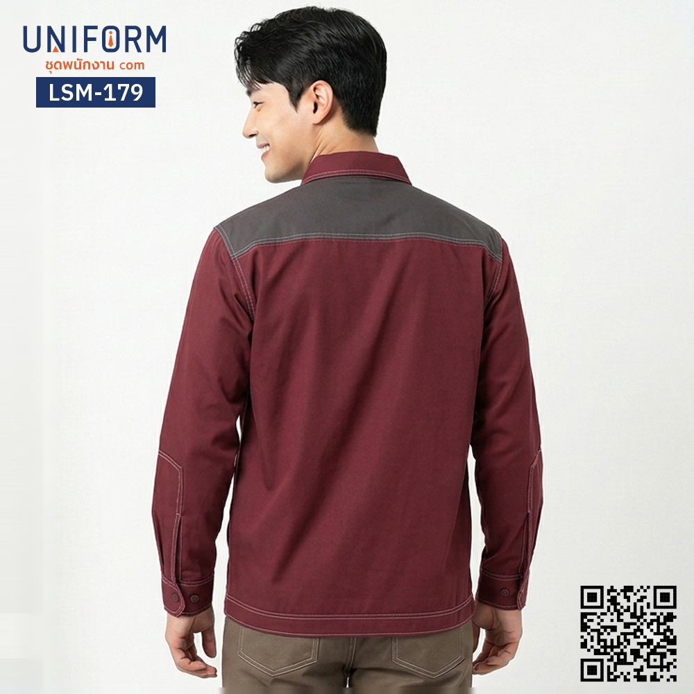 LSM-179 เสื้อช็อปช่างแขนยาว สีแดงเลือดหมูตัดเทา ทูโทน