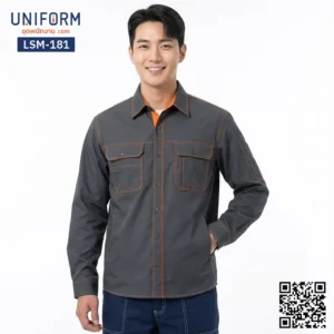 LSM-181 เสื้อช็อปช่างแขนยาว สีเทาเข้มตัดส้มยูนิฟอร์มบริษัท