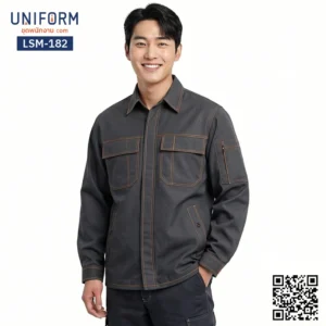 LSM-182 เสื้อช็อปช่างแขนยาวสีเทาเข้มเดินตะเข็บส้มสะดุดตา