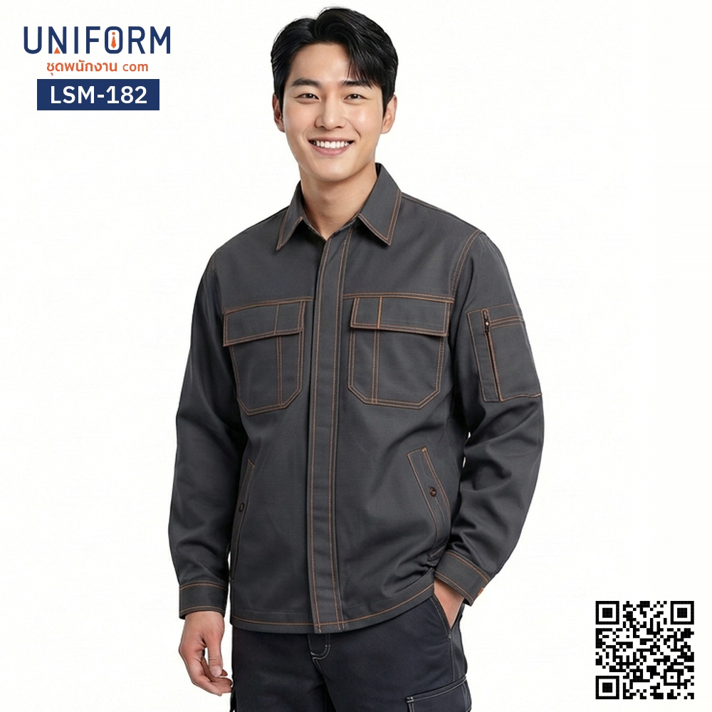 LSM-182 เสื้อช็อปช่างแขนยาวสีเทาเข้มเดินตะเข็บส้มสะดุดตา