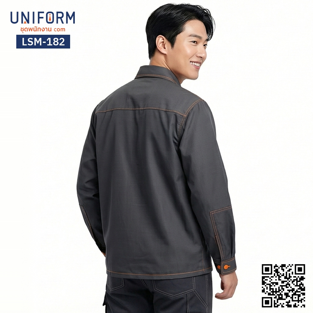 LSM-182 เสื้อช็อปช่างแขนยาวสีเทาเข้มเดินตะเข็บส้มสะดุดตา