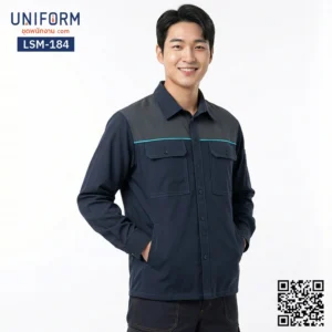 LSM-184 เสื้อช็อปช่างแขนยาว สีกรมท่าตัดเทา ทูโทน