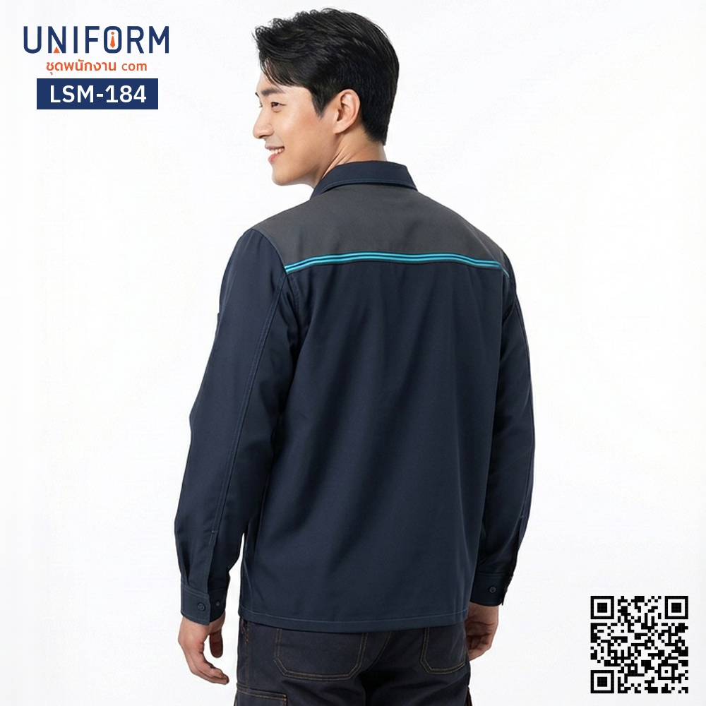 LSM-184 เสื้อช็อปช่างแขนยาว สีกรมท่าตัดเทา ทูโทน