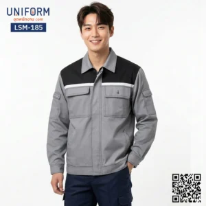 LSM-185 เสื้อช็อปช่างแขนยาว ทูโทนเทาดำ พร้อมแถบสะท้อนแสง