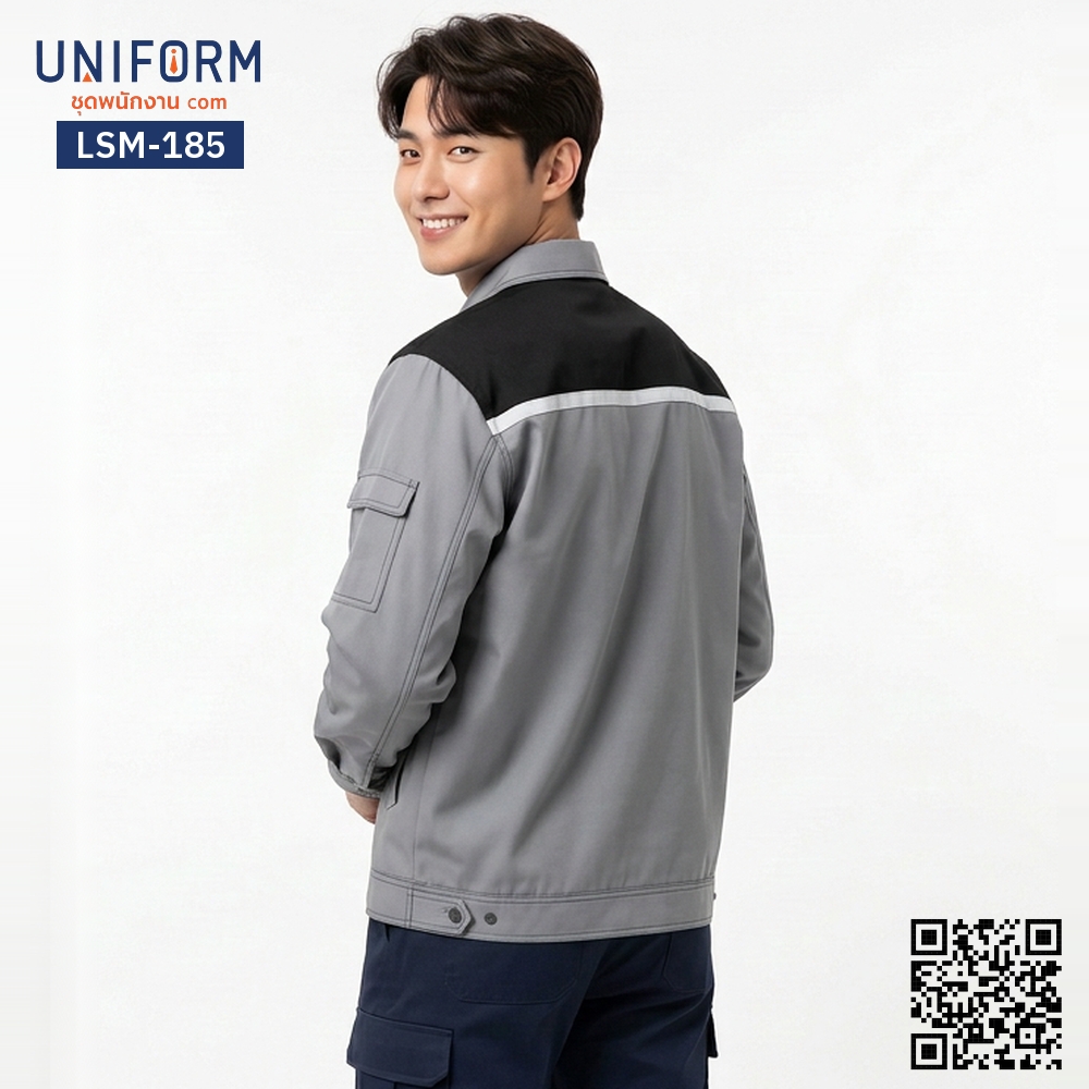 LSM-185 เสื้อช็อปช่างแขนยาว ทูโทนเทาดำ พร้อมแถบสะท้อนแสง