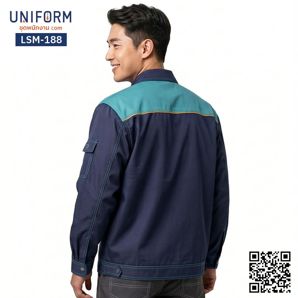 LSM-188 เสื้อช็อปช่างแขนยาว ทูโทน สีน้ำเงินตัดเขียว