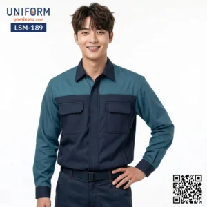 LSM-189 เสื้อช็อปช่างแขนยาว ทูโทน สีน้ำเงินเข้มผสมเขียว
