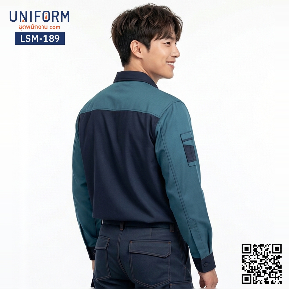 LSM-189 เสื้อช็อปช่างแขนยาว ทูโทน สีน้ำเงินเข้มผสมเขียว