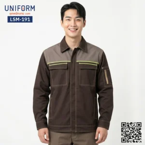 LSM-191 เสื้อช็อปช่างแขนยาว สีน้ำตาลแต่งเทา ทูโทน
