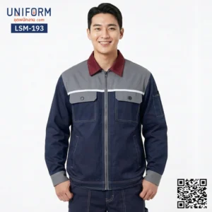 LSM-193 เสื้อช็อปช่างแขนยาว ทูโทน กรมท่าเทา ปกแดง