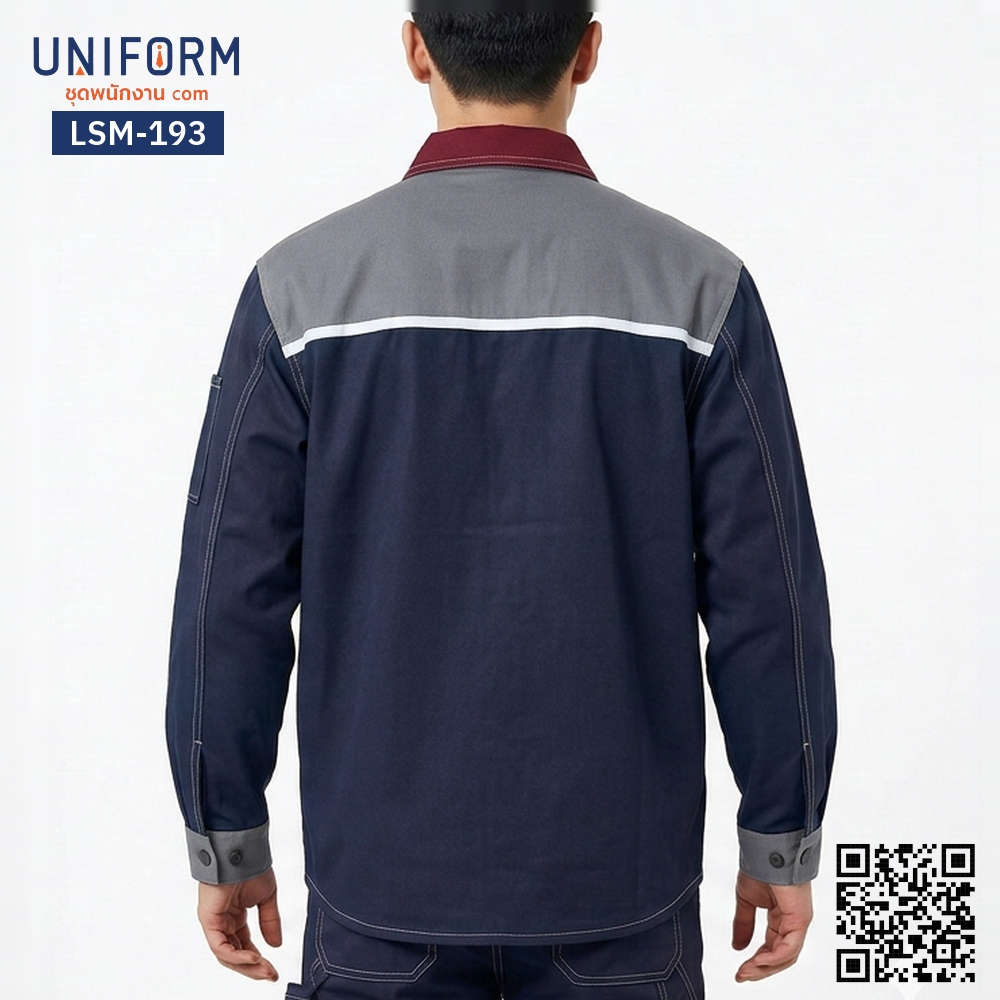 LSM-193 เสื้อช็อปช่างแขนยาว ทูโทน กรมท่าเทา ปกแดง