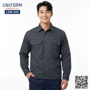 LSM-195 เสื้อช็อปช่างแขนยาวสีเทาเข้มเดินตะเข็บขาว